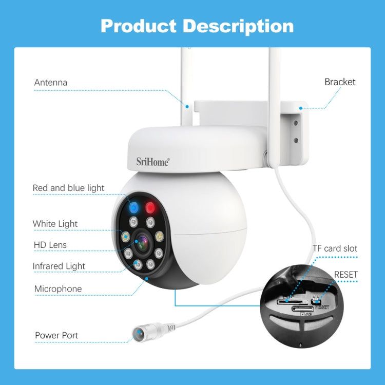 SriHome SH052B Wifi 5MP Wireless PTZ IP AI Auto Tracking Sound&Light Alarm Starlight Color Night Vision Outdoors Surveillance Camera, EU, US, UK, AU