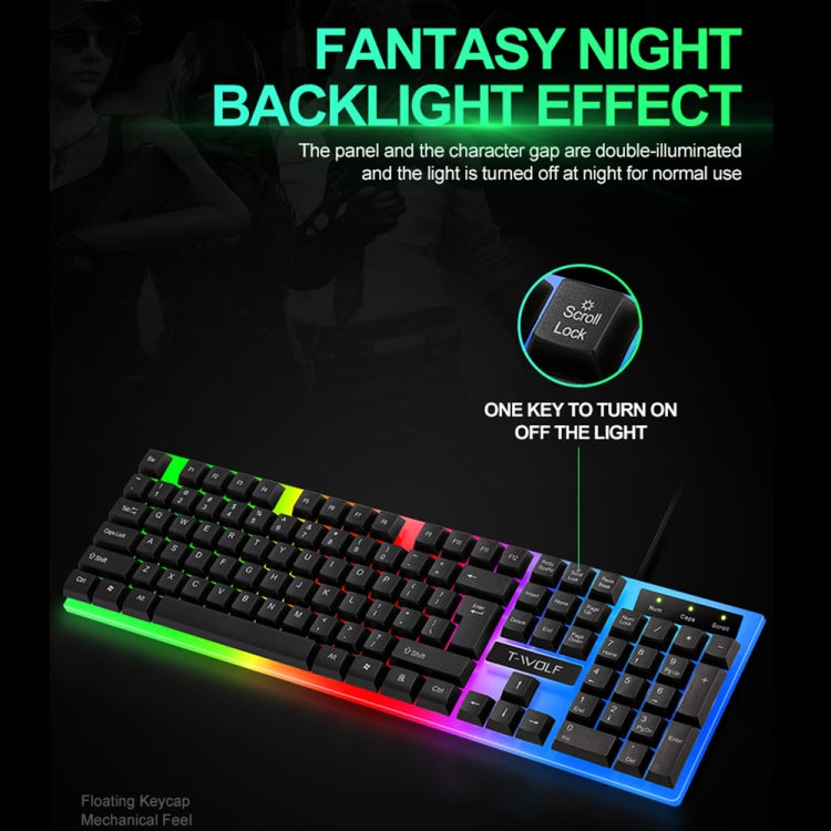 T-WOLF TF230 Colorful Light Effect Game Office Computer Wired Keyboard and Mouse Kit, TF230 (White), TF230 (Black)