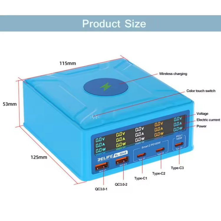 RELIFE RL-304R 5-Port 260W GaN Smart USB Fast Charger With 15W Wireless Chargind LCD Display, RL-304R EU Plug, RL-304R  US Plug