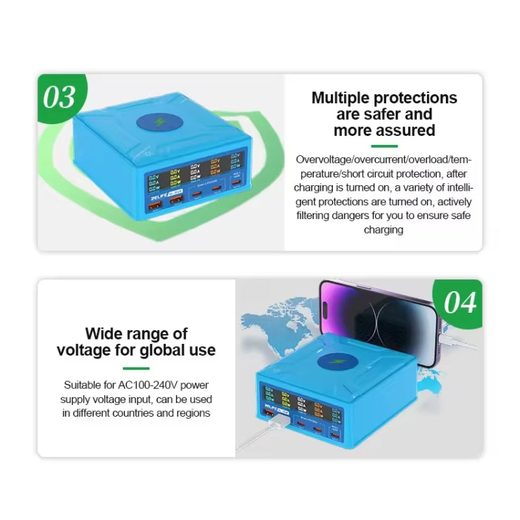 RELIFE RL-304R 5-Port 260W GaN Smart USB Fast Charger With 15W Wireless Chargind LCD Display, RL-304R EU Plug, RL-304R  US Plug