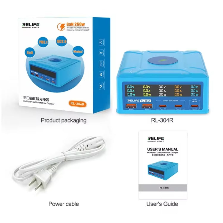 RELIFE RL-304R 5-Port 260W GaN Smart USB Fast Charger With 15W Wireless Chargind LCD Display, RL-304R EU Plug, RL-304R  US Plug