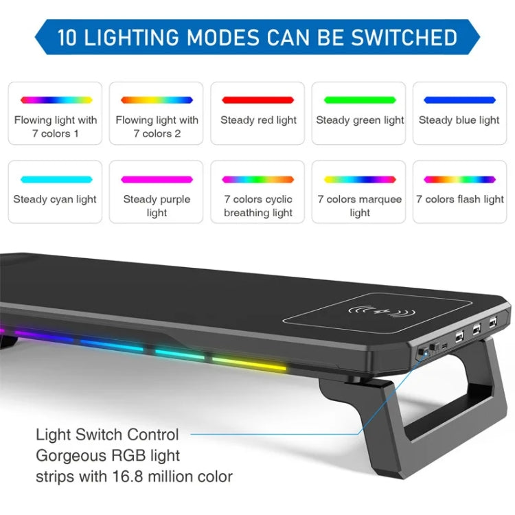 RGB Computer Monitor Stand Riser 3 USB 2.0 +1 Type-C Ports, Basic Black, Wireless Charging  Black, Basic White, Wireless Charging White