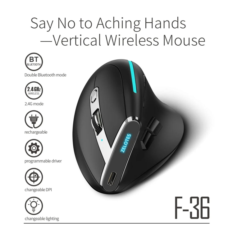 ZELOTES F36 9-Keys Vertical Grip Ergonomic Programming Dual Bluetooth + 2.4G Wireless Mouse, F36 (White), F36 (Black)