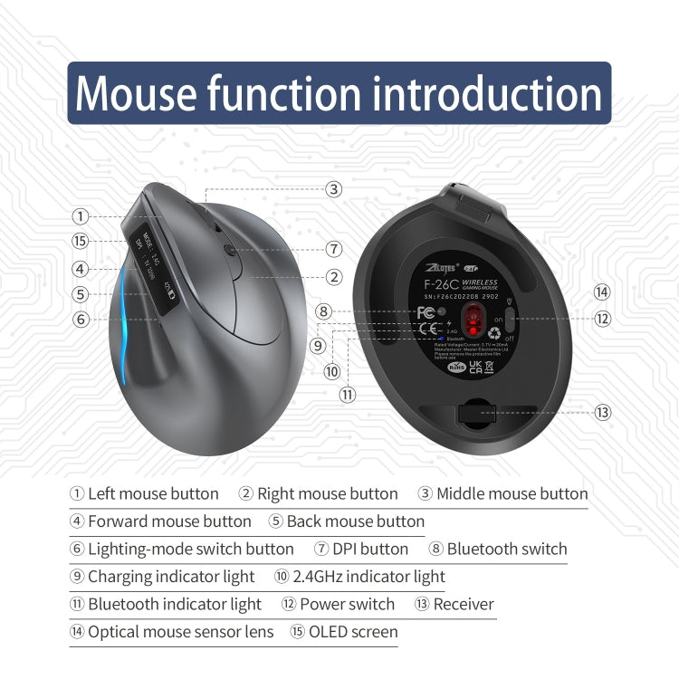 ZELOTES F-26C 8-Keys 2.4G+Bluetooth Dual-Mode LED Display Vertical Grip Wireless Mouse, F-26C