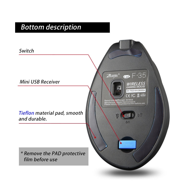 ZELOTES F35 6-buttons Vertical Grip Ergonomic Rechargeable Wireless Mouse, F35