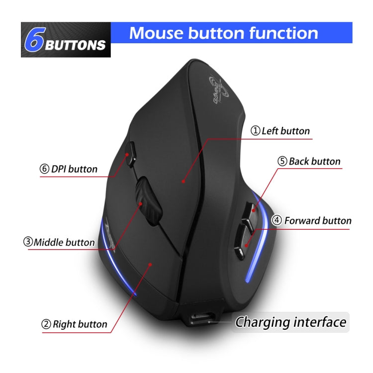 ZELOTES F35 6-buttons Vertical Grip Ergonomic Rechargeable Wireless Mouse, F35