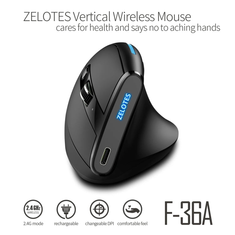 ZELOTES F36A 6-Buttons Vertical Grip Ergonomic Rechargeable Wireless Mouse, F36A