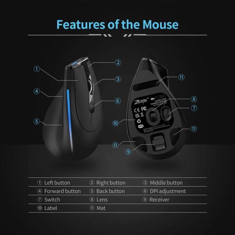 ZELOTES F36A 6-Buttons Vertical Grip Ergonomic Rechargeable Wireless Mouse, F36A