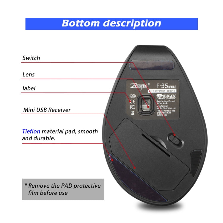 ZELOTES F-35A 6-Buttons Vertical Grip Ergonomic Rechargeable Wireless Mouse, F-35A