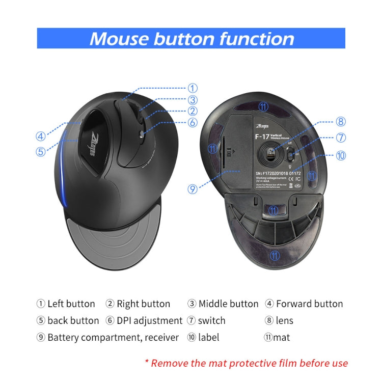 ZELOTES F17 6-buttons Vertical Grip Ergonomic Wireless Mouse, F17