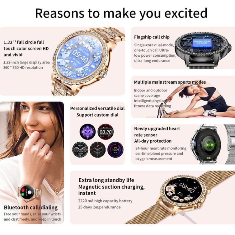 Bluetooth Calling AI Voice Assistant Life Waterproof Sports Smartwatch, Black Silicone Strap, Gold Pink Silicone Strap, Silver Gray Silicone Strap, Gold Rough Steel Strap+Pink Silicone Strap, Silver Rough Steel Strap+Gray Silicone Strap����������������...