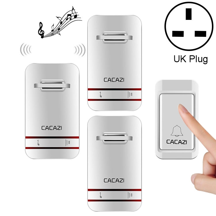 CACAZI V027G One Button Three Receivers Self-Powered Wireless Home Kinetic Electronic Doorbell, UK Plug, 1 Button 3 Receivers