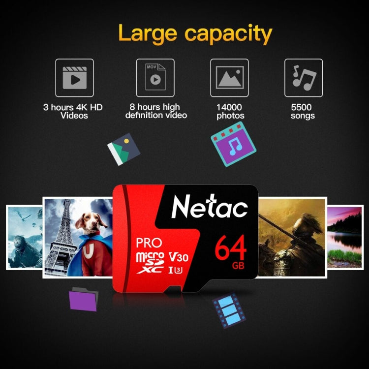 Netac P500 PRO 64GB U3 Speed Level Automobile Data Recorder Monitor Camera Memory Card TF Card, 64GB